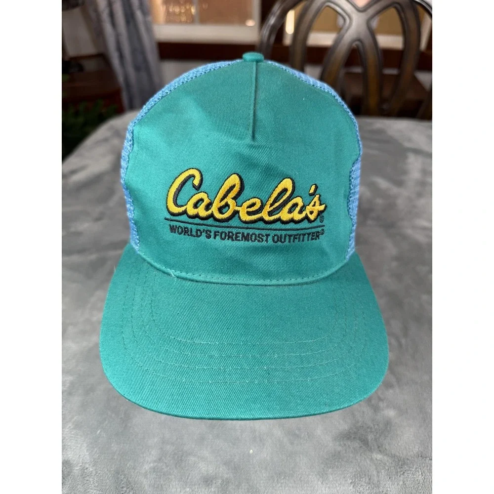 Vintage Cabela's Hat Cap Snap Back Green Blue Trucker Mesh Embroidered Mens 90s‎